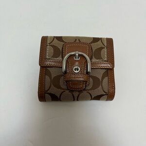 Coach Bi-fold Signature Logo Wallet Leather Trim Accents Silver-Tone Metal Brown